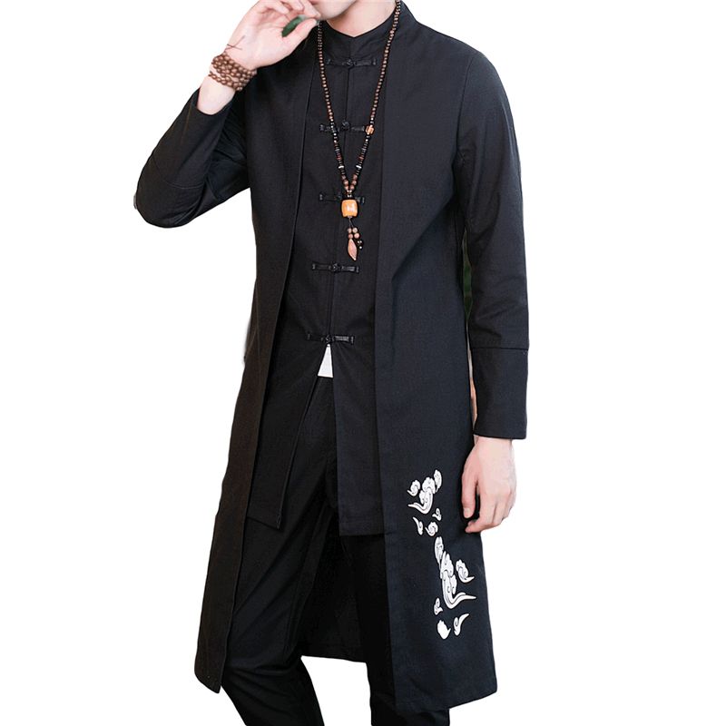 Capacas de zanjas para hombres 5xl chaqueta larga negra chino estilo abrigo hombre moda casual