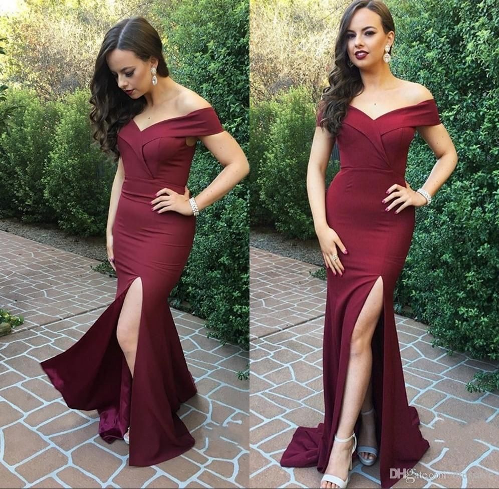 Vestidos de fiesta de graduación de Borgoña 2018 Maroon Off the hombro Sirena de lado largo Vestidos de fiesta de graduación de Borgoña 2018 Maroon Off the hombro Sirena de lado largo