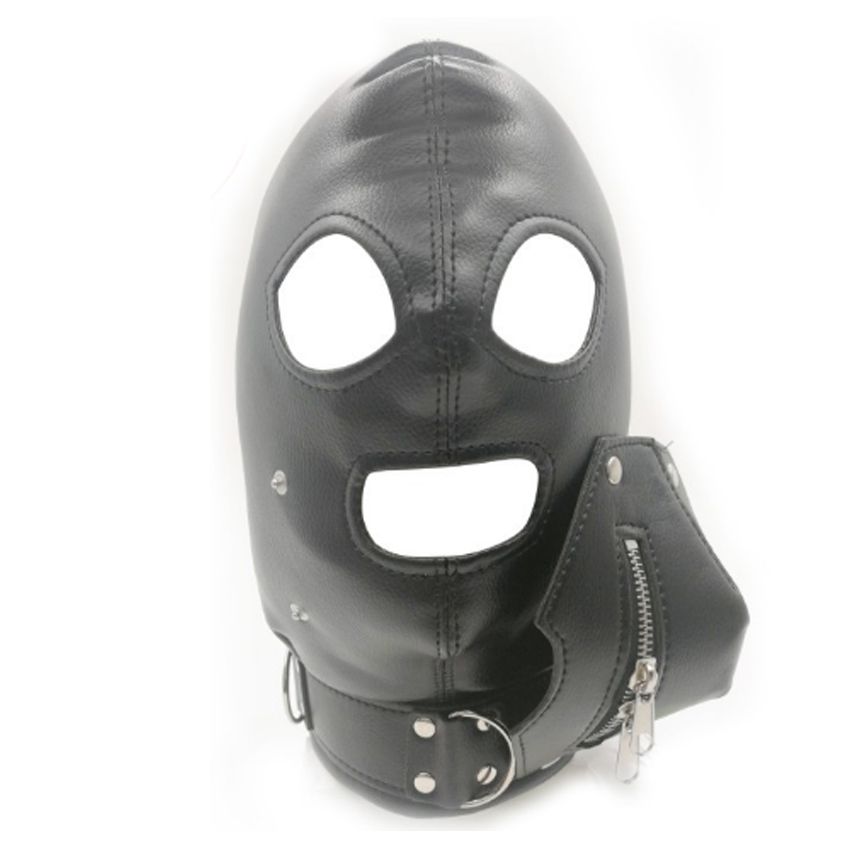 Lockable Leather Mask Hood Zipper Mouth Gag Full Gimp Open Eyes Slave Harness 