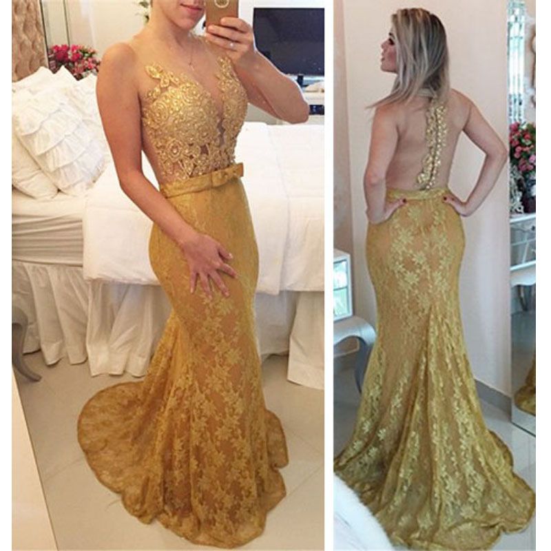 Vestido de noche de encaje de oro de la sirena Largo pura espalda elegante Vestidos formales Vestido de noche de encaje de oro de la sirena Largo pura espalda elegante Vestidos formales
