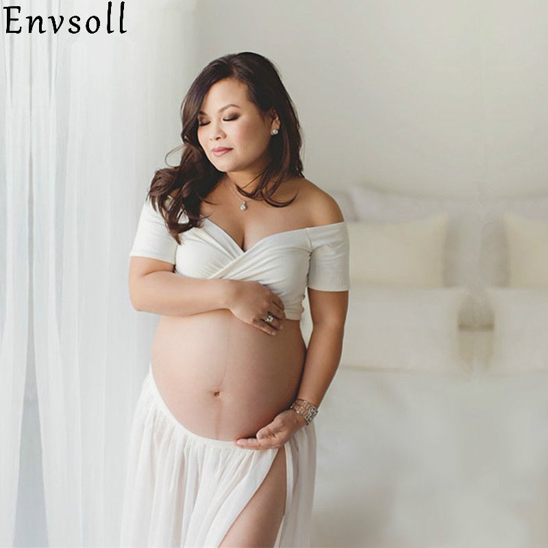 Compre Envsoll Vestidos De Maternidade Para A Fotografia De Tiro Maxi Grávida Vestido De Algodão Chiffon Branco Grávida Foto Tops + Saia Longa Terno De Paradise02, $189,81 | Pt.Dhgate.Com