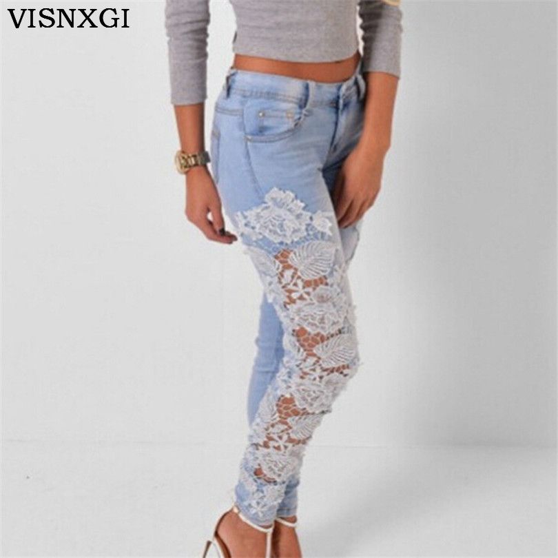 Women's Denim Light Blue Skinny Jeans Crochet Lace Side Bow Jeans Size 6-14 HOT