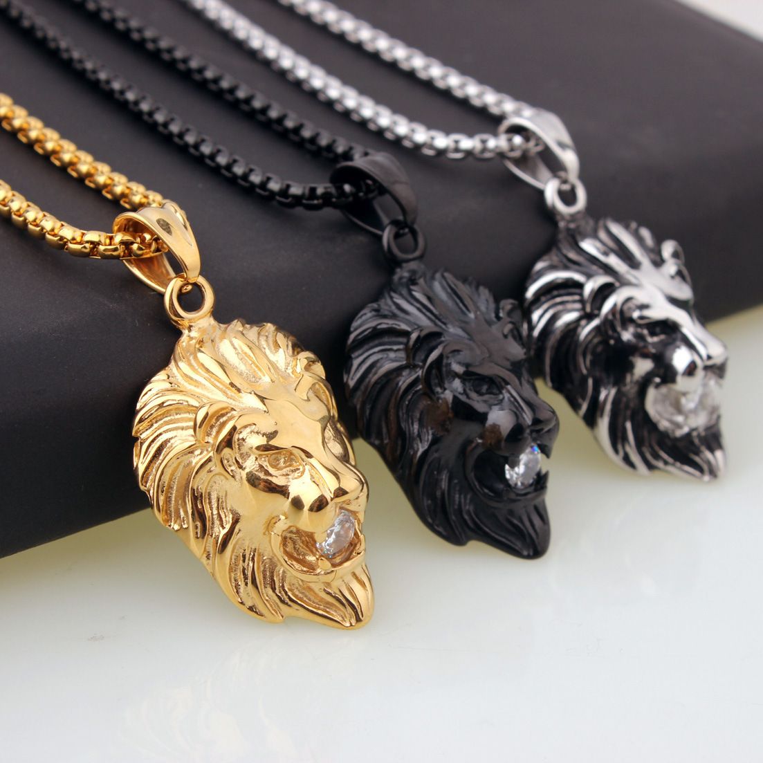 Wholesale Cool Mens Lion Head Pendants Necklace For Men Black Silver