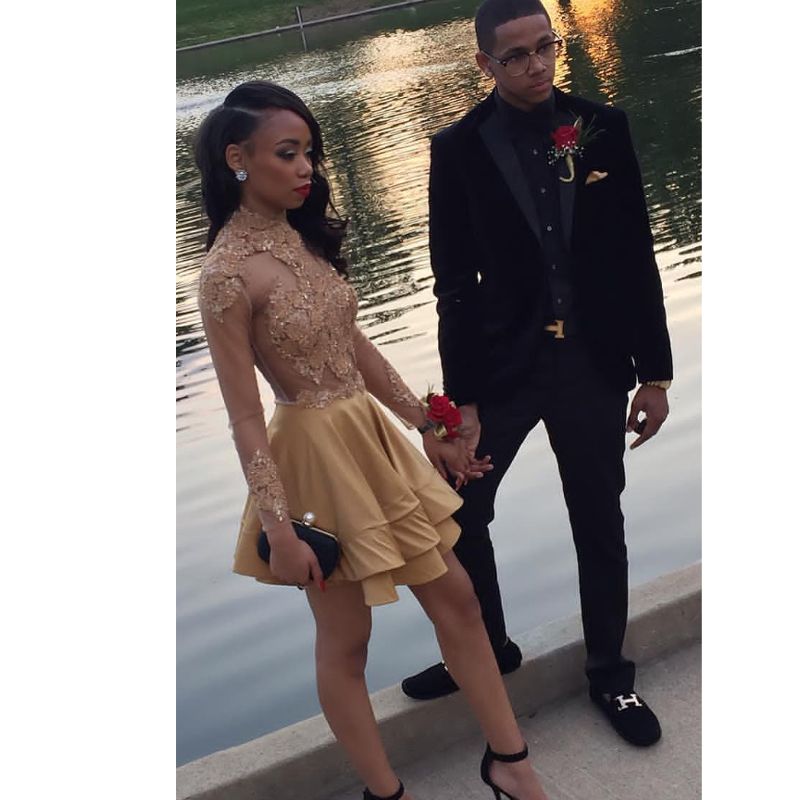 Sheer Corset Homecoming Dress Short Prom Dress Long Sleeves Mini Party Dresses Gold Satin Lace Appliques High Neck African Cocktail Dress From Rosammant, $122.17 | Dhgate.com