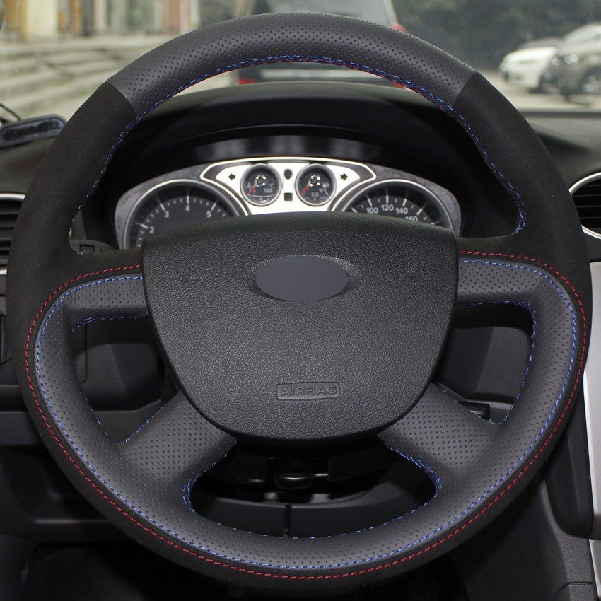 Black Genuine Leather Black Suede Hand Stitched Car Steering Wheel