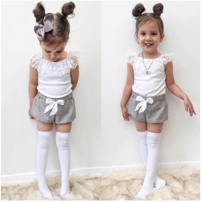 2020 Girl Summer Lace T Shirt + Short Pants Set Baby Girl Sleeveless T