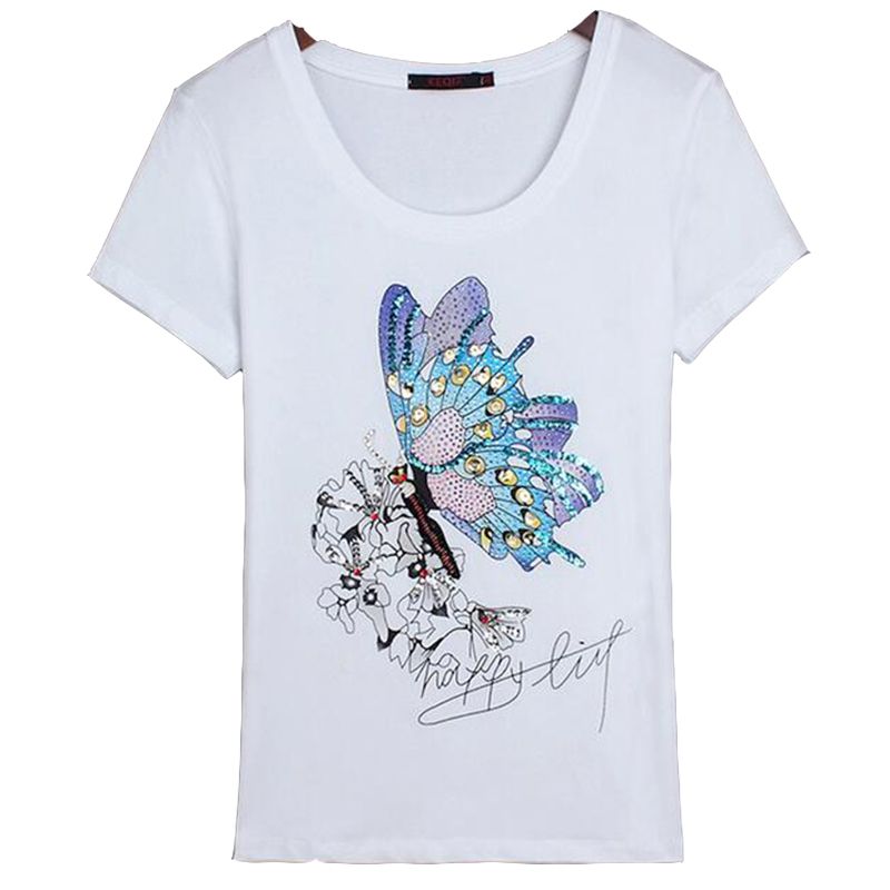 Compre Camiseta De Mujer Mariposa Con Cuentas Negro Blanco Camisetas M 3xl Camiseta Mujer Algodón Elástico Camisetas Mujer Casual Tops Manga Corta Camiseta Mujer A 20,58 € Del Yohistore | DHgate.Com