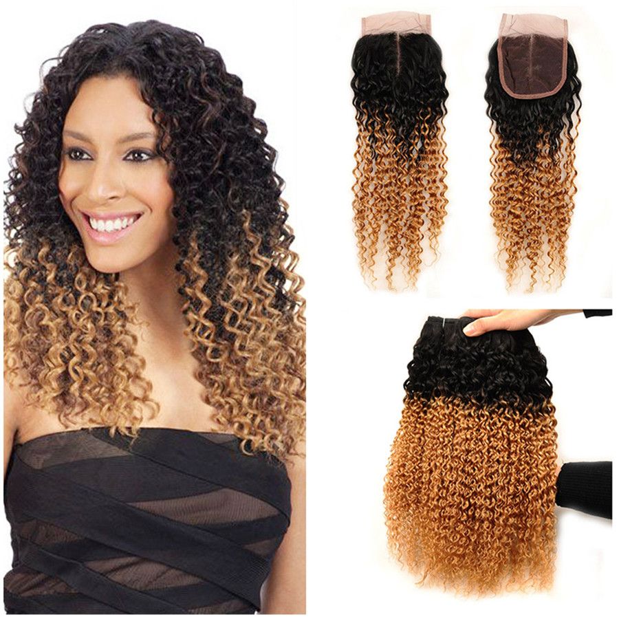2021 Dark Root Honey Blonde Ombre Human Hair 1b 27 Kinky Curly Hair Bundles Weaves With Lace Closure Free Middle Three Part From Humanhair 2 186 2 Dhgate Com