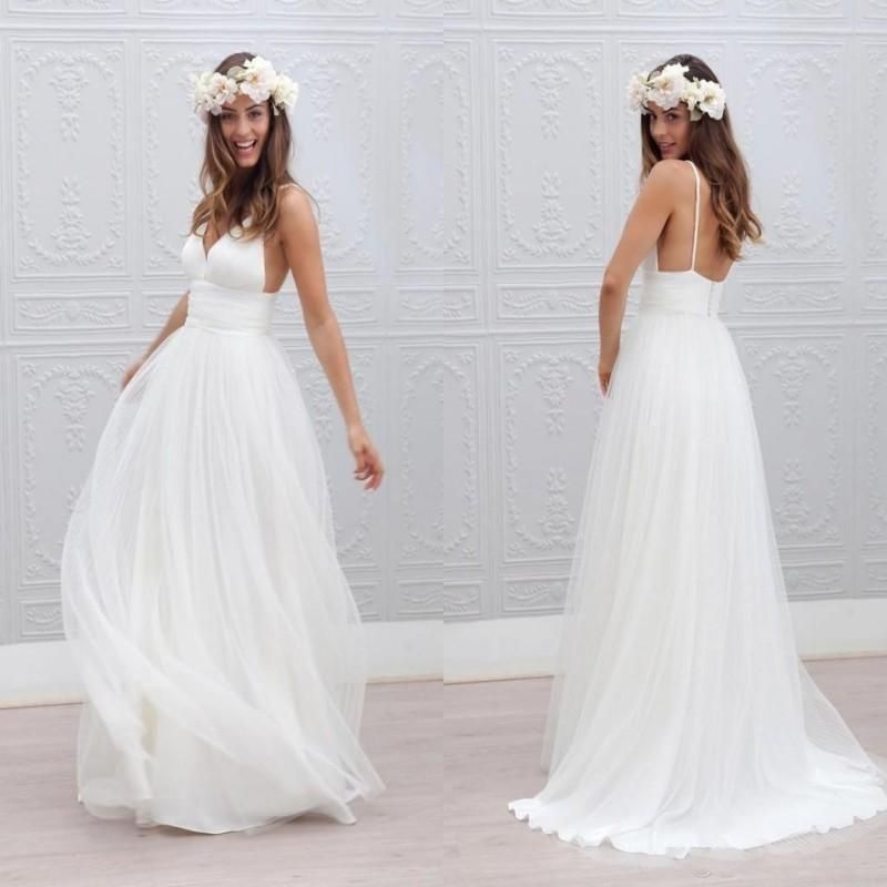 Acheter Bohême Plage Dété Des Robes De Mariée 2017 Sexy Backless Bretelles Spaghetti Mariage Robes De Mariée De Bohème Longueur Au Summer Beach Boho