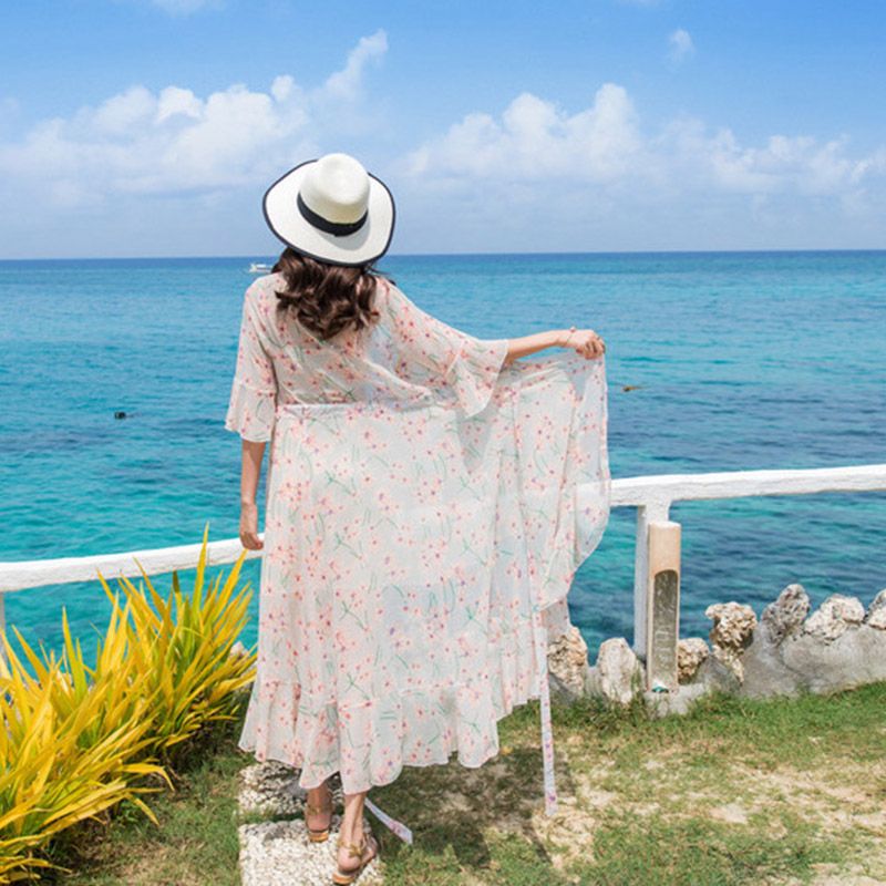 Fashion Bohemian Women Print 3 4 Flare Sleeve Long Dress High Split Holiday Beach Lace Up Empire Wrap A Line Maxi Dress Teenage Dresses For Sale Long Sleeve Casual Dresses For Juniors From