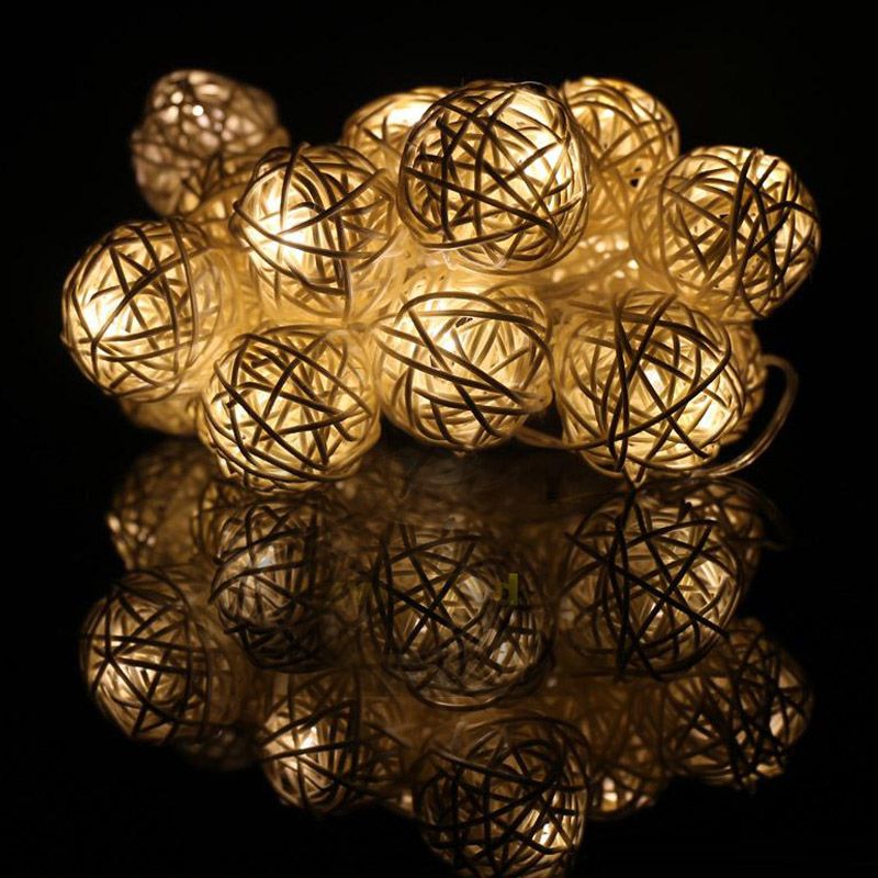 For Wedding Xmas Party Decor Outdoor Fairy String Light Lamp 20 LED Rattan Ball