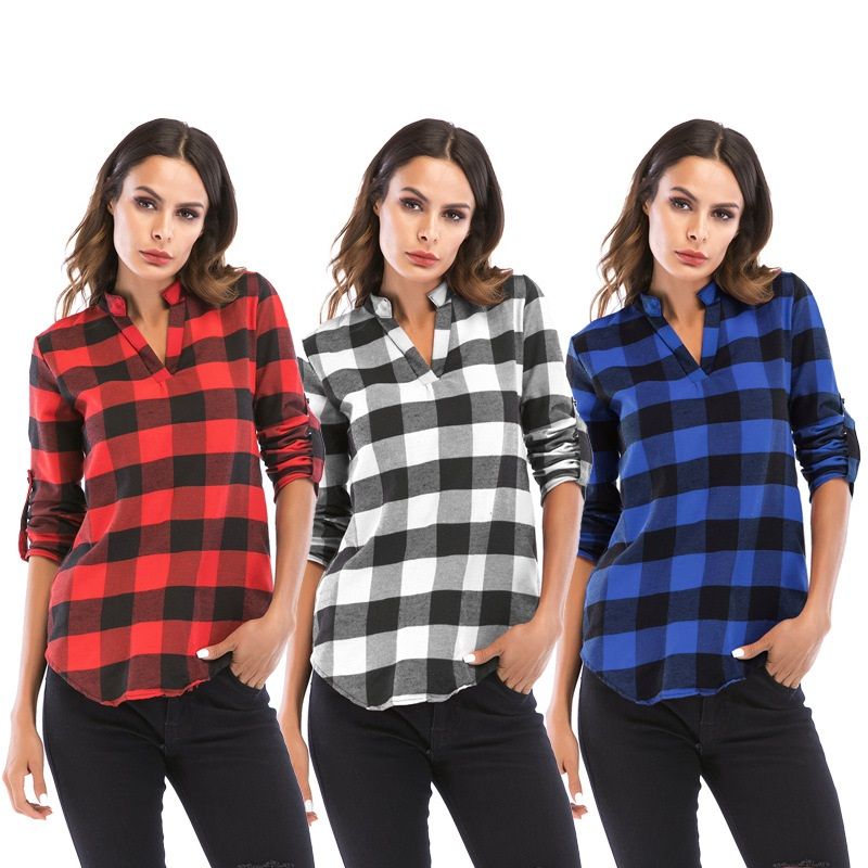 2018 Camisa De Otoño Para Mujer Camisa Escocesa Cuello En V S 6XL Camisa De Manga Larga Y Talla Grande Blusas Para De 11,17 € | DHgate