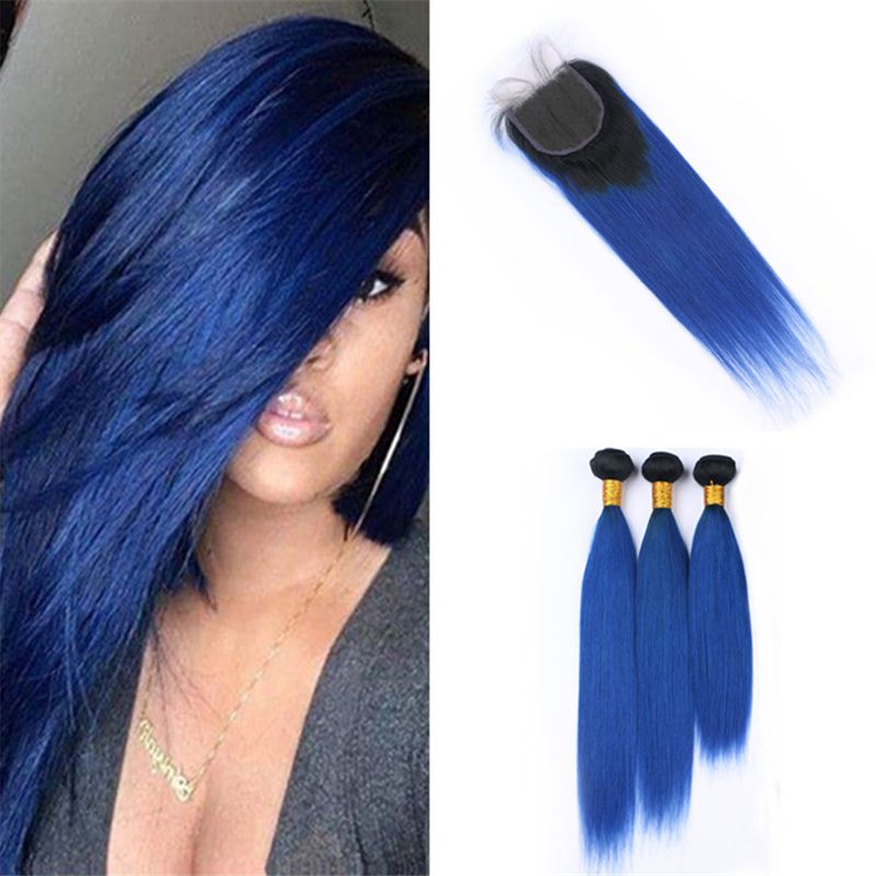 2020 Virgin Malaysian Blue Ombre Hair Weave 3 Bundles With Lace