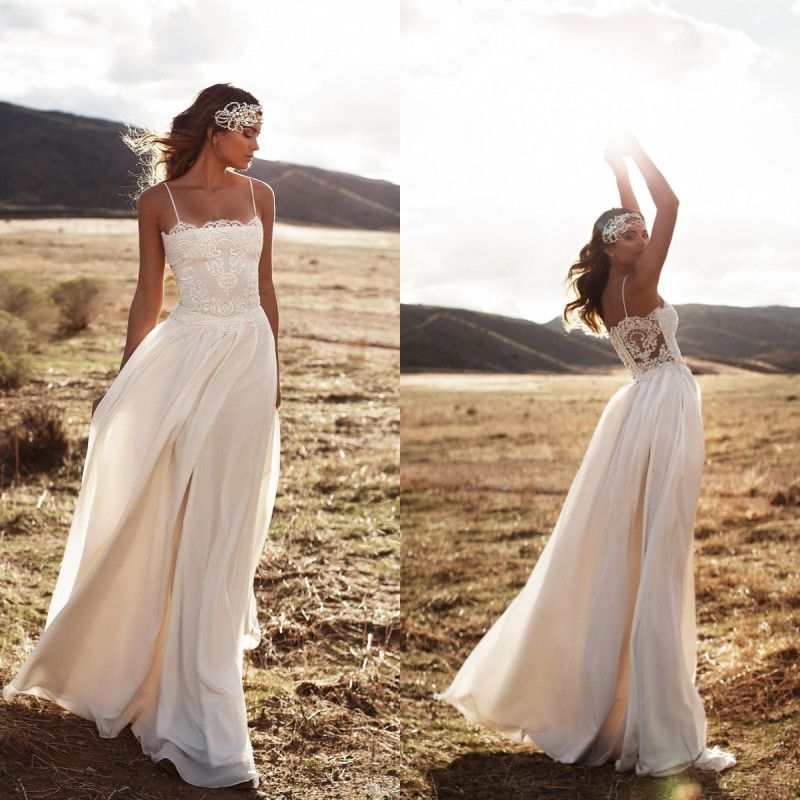 Discount Sexy Beach Boho Wedding Dresses Spaghetti A Line Chiffon