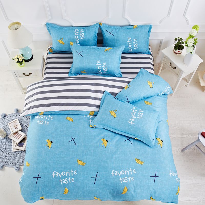 Blue And Gray White Strip Duvet Cover Flat Bed Sheets Pillowcase