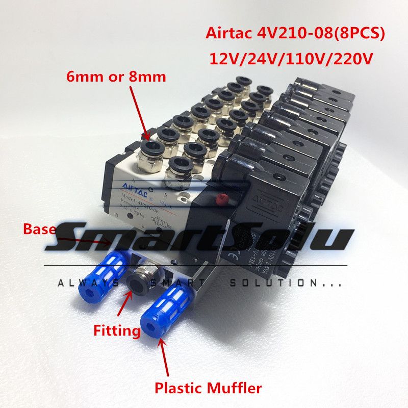 Solenoid Valve DC 24V 2 Positions 5 Way Triple Base 6mm Quick Fittings Mufflers