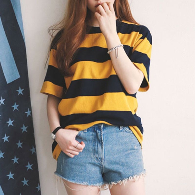 2018 Spring Summer New Fashion T Shirt Women Black Yellow Striped