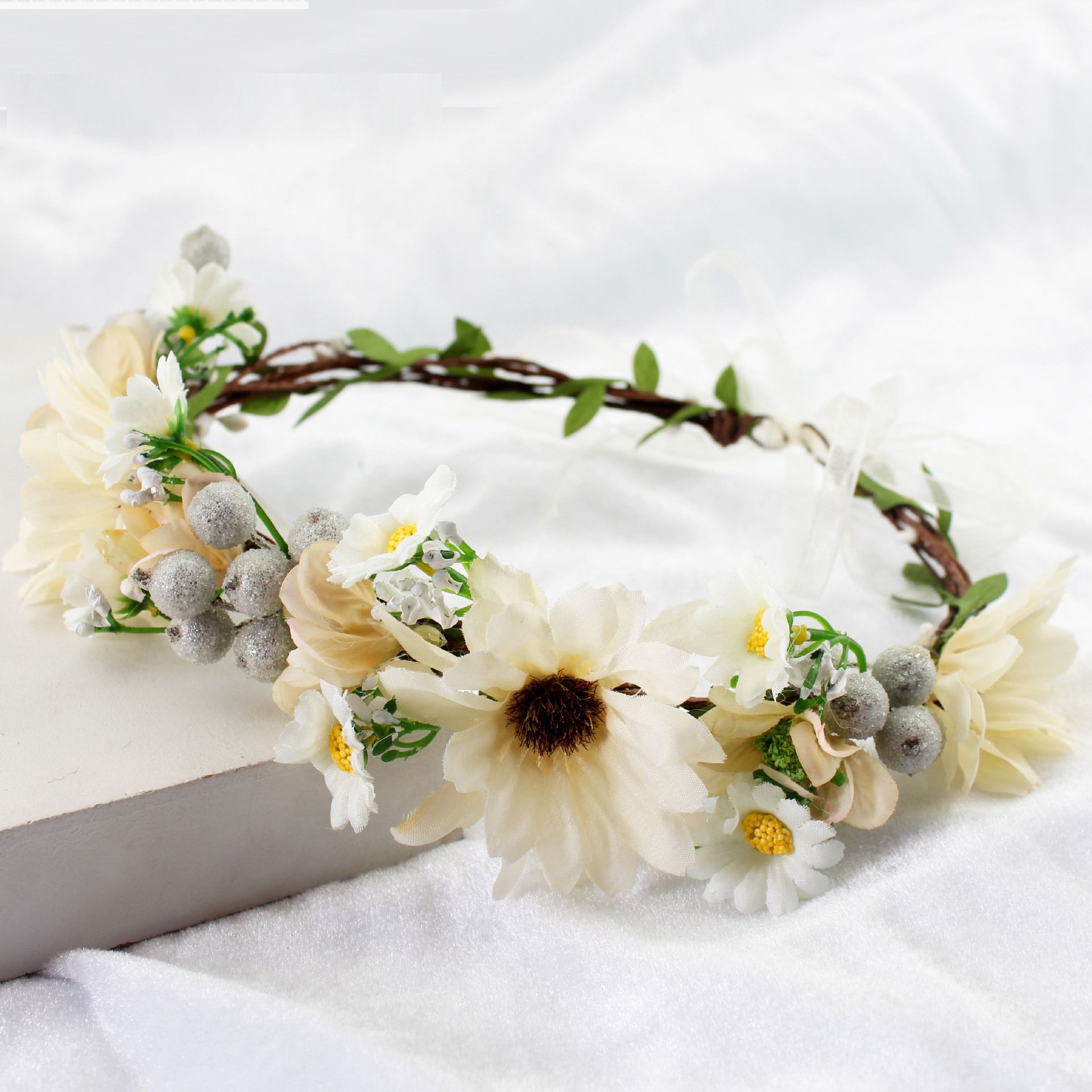 white floral crown headband