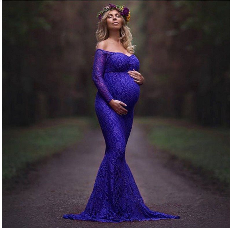 Acheter 2018 Nouvelle Arrivée Dentelle Femme Enceinte Robes élégantes Col En V Manches Longues Haute Qualité Dentelle Sirène Soirée Robe De Bal Robes