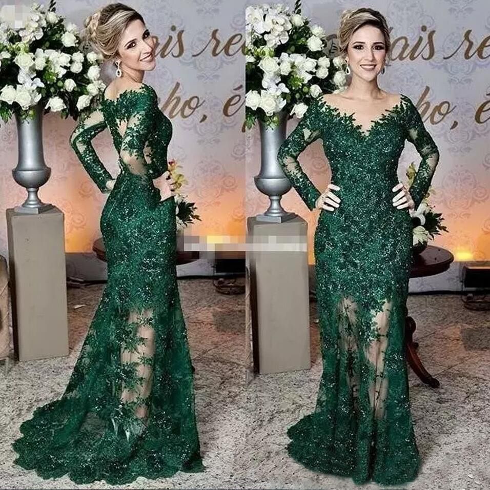 Agresivo asentamiento Pensar 2019 Elegantes apliques de encaje verde oscuro Vestidos largos de baile  Sheer Jewel Neck Vestidos de