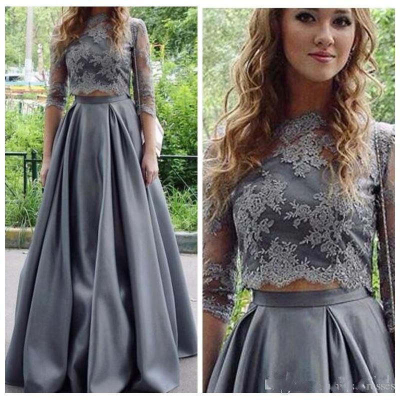 Piece Prom Dress Jewel Lace Satin 