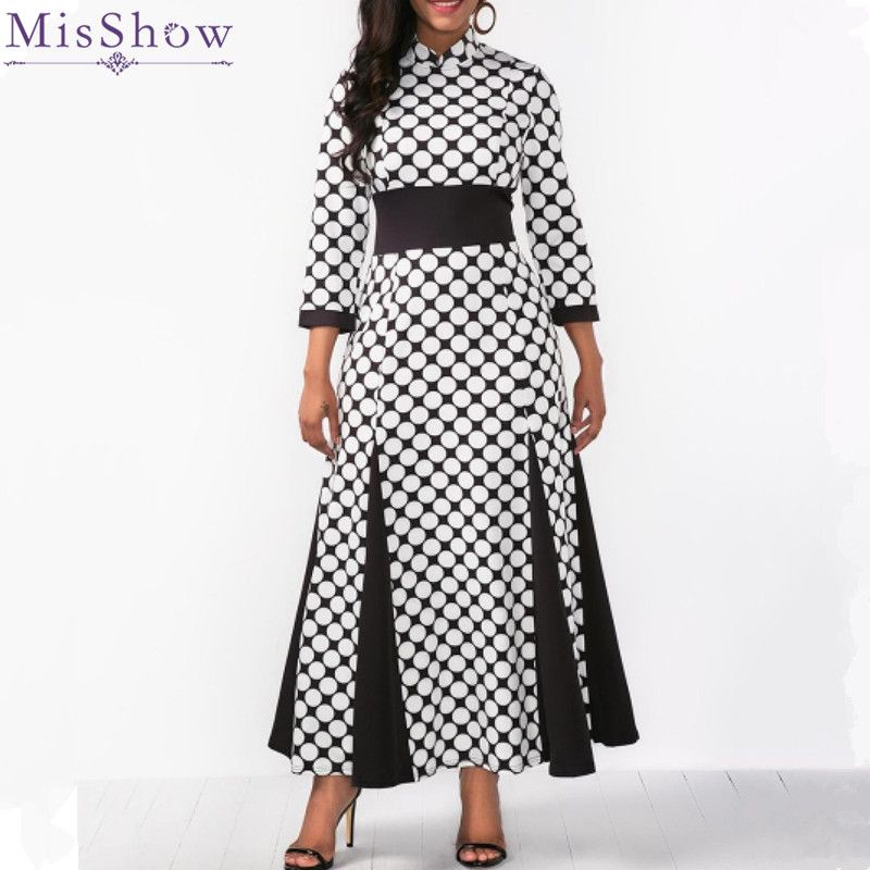 2020 Misshow Plus Size 3 4 Sleeve Polka Dots Women Dress Black