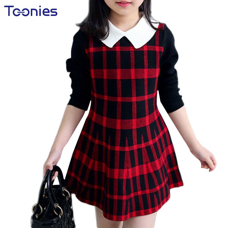 Vestido de punto para niñas Vestidos de invierno para niños de alta calidad para adolescentes Trajes Estampado a cuadros Chica linda Vestidos Manga larga 4-14 años