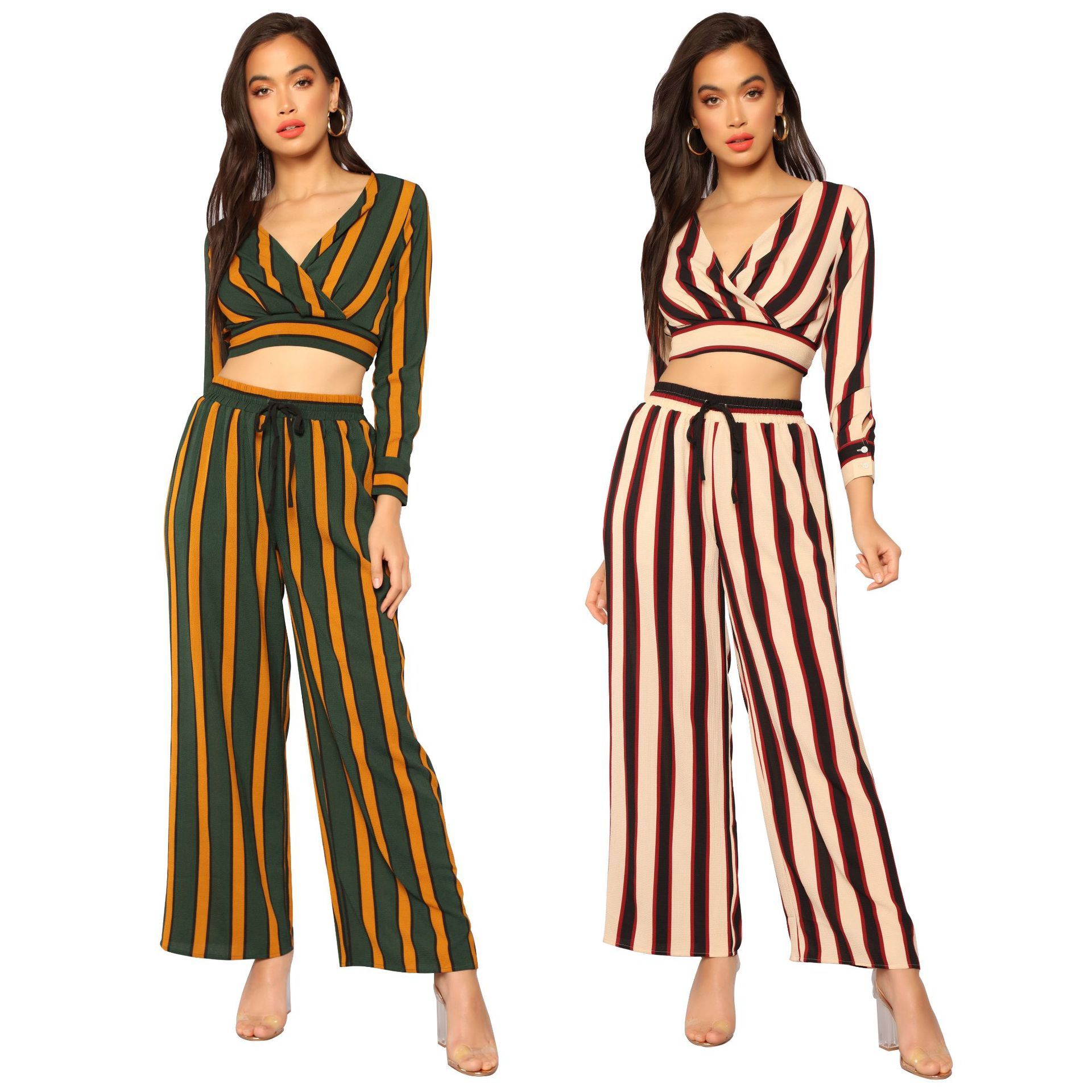 2020 2018 Autumn Casual Sets Women Sexy V Neck Full Sleeve Crop