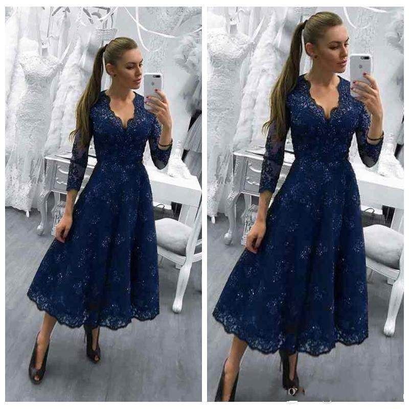 Compra 2018 Nuevo Diseño Vestidos De Fiesta Decentes Apliques De Encaje Con  Cuello En V Profundos Manga Larga Una Línea De Vestidos De Noche De Fiesta  Vestidos De Baile Barato | Entrega