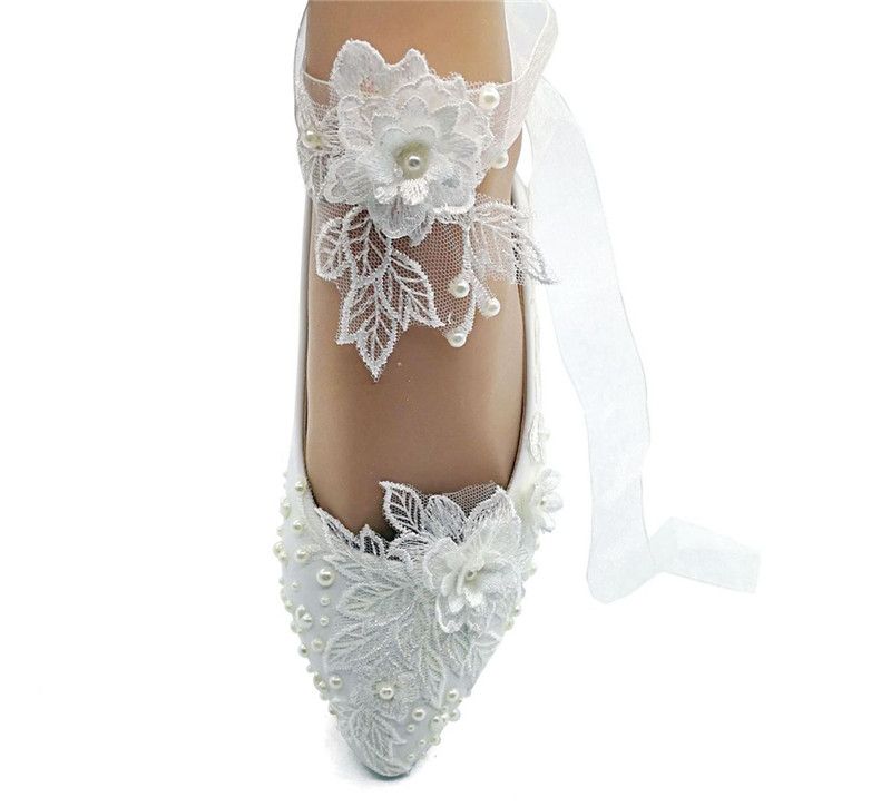Handcrafted Flat Ribbon Lace Flower Bridal Shoes Pointed Toe