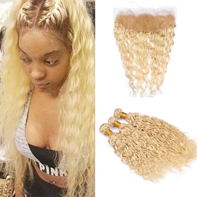 2020 Bleach Blonde Brazilian Water Wave Hair Bundles With Frontal