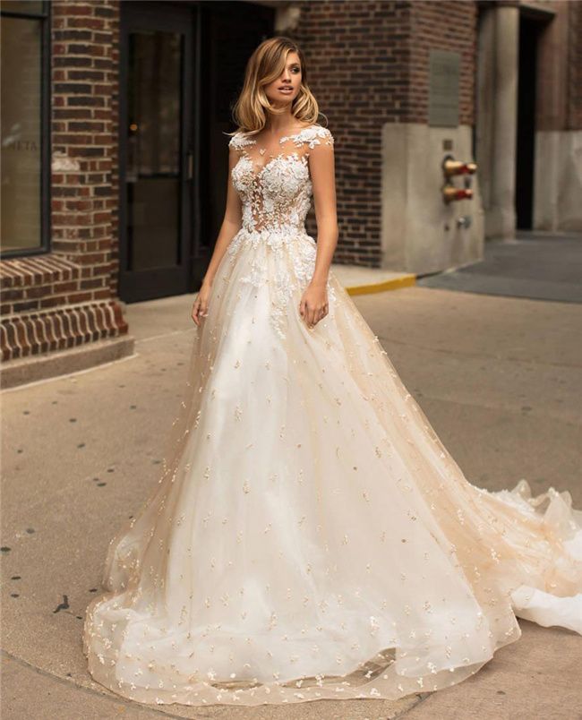sheer beaded bodice lace wedding dress