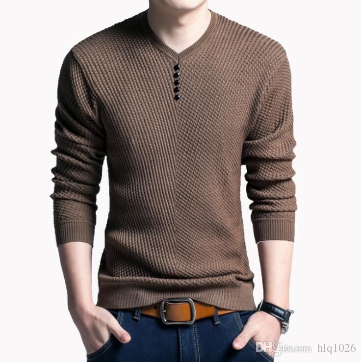 KLJR Men Autumn Slim Fit Knit Long Sleeve V-Neck Pullover Sweaters