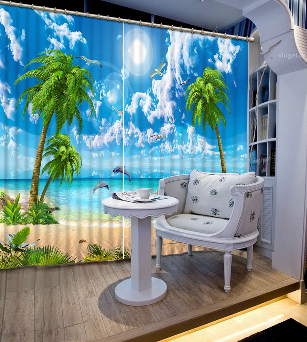 2019 European Window Curtains Modern Custom Coconut Tree Blue Sky