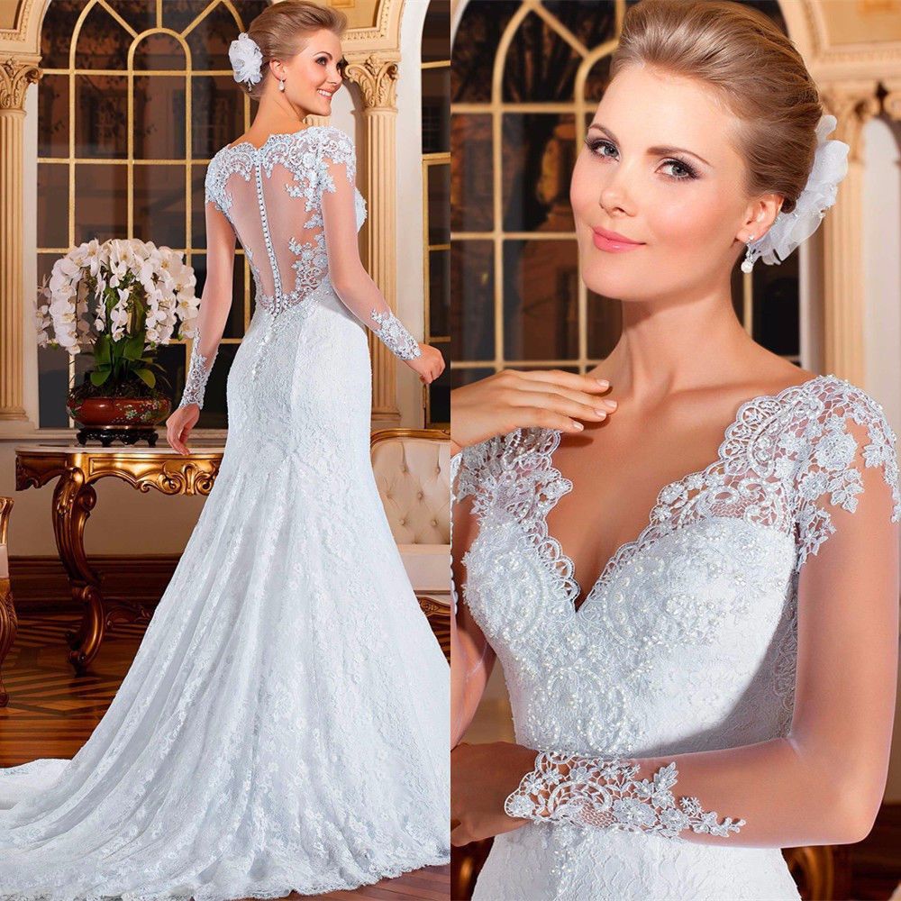 Compra Altos Vestidos De Novia De Encaje Hechos A Mano Sexy Vneck Vestido  De Vestido Con Cuentas Hueco Trasero Más Tamaño Vestido De Novia Manga  Larga Con Tren W19 Barato | Entrega