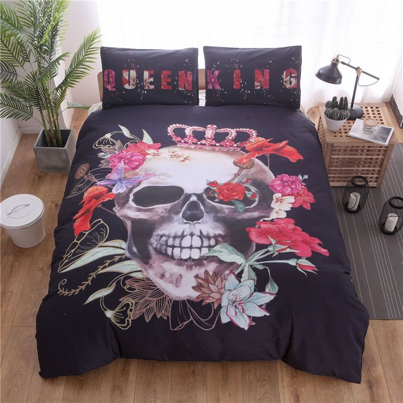 3d Skull King Bedding Set Sugar Skull Flower Black Duvet Cover