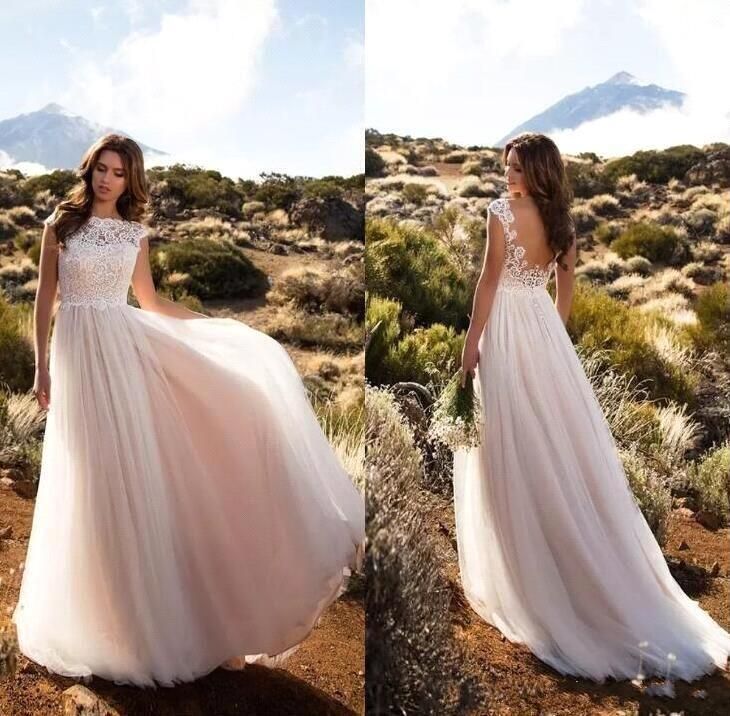 Discount 2018 Blush Cap Sleeves Lace A Line Wedding Dresses Tulle