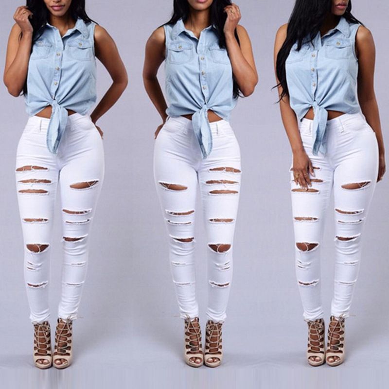 Compre 2018 Moda Jeans Rasgados Cintura Alta Jeans Ajustados Elásticos  Destruidos Pantalones De Mujer Pantalones Sexy Hole Jeans Mujer Lápiz Jean  Negro Blanco A 28,13 € Del Hot_clothings | Es.Dhgate.Com