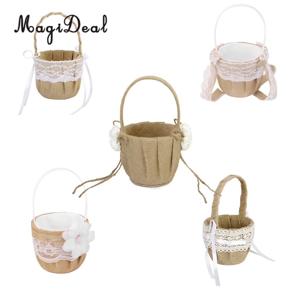 Magideal Vintage Flower Basket Burlap Jute Roses Rustic Wedding
