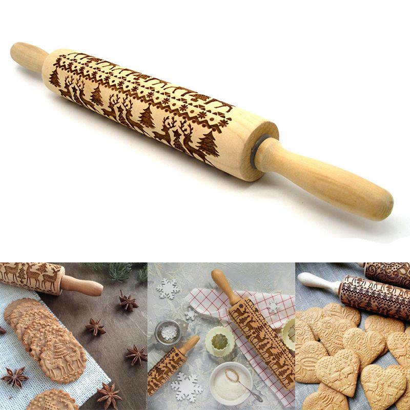 2020 43CM Large Christmas Wooden Rolling Pins Engraved Embossing