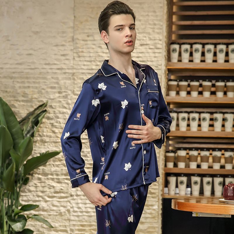 2018 Hombre imitado pijama pijama conjunto masculino pijama ropa de dormir largo manga larga y