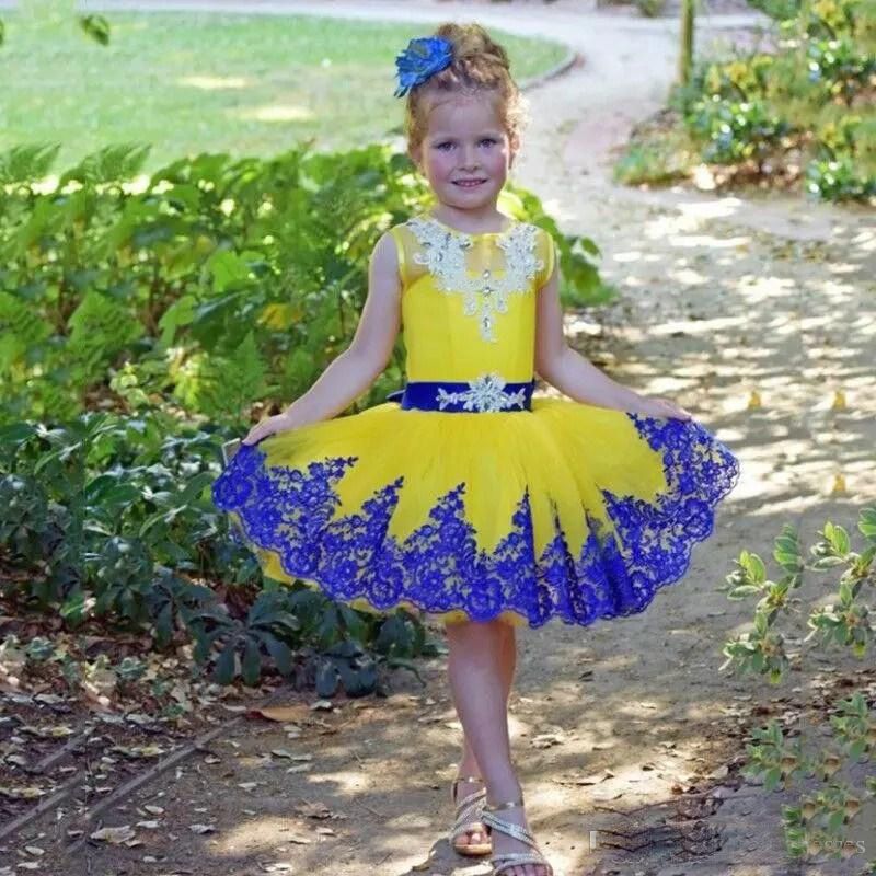 Yellow Tulle And Blue Appliqued Short Girls Pageant Dresses With O