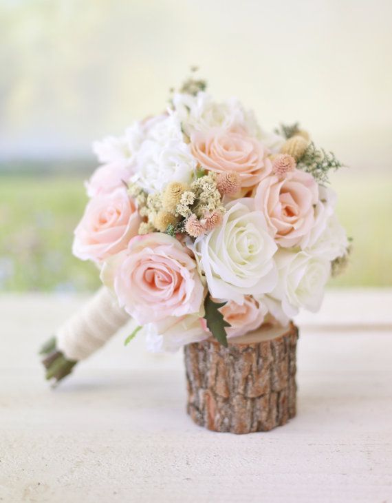 Silk Bridal Bouquet Wildflowers Pink Roses Baby S Breath Rustic