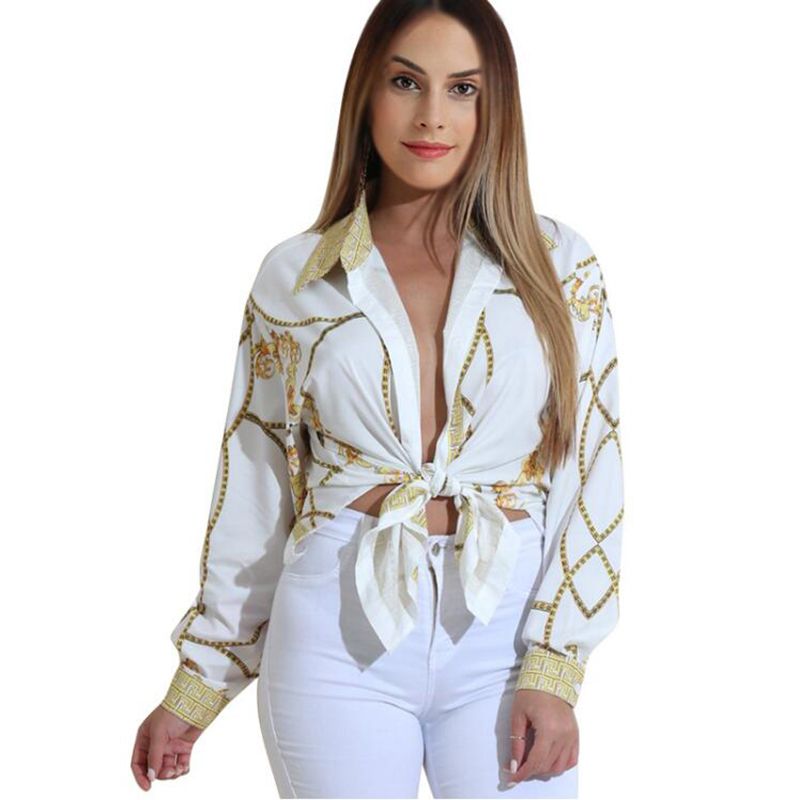white and gold chain print blouse