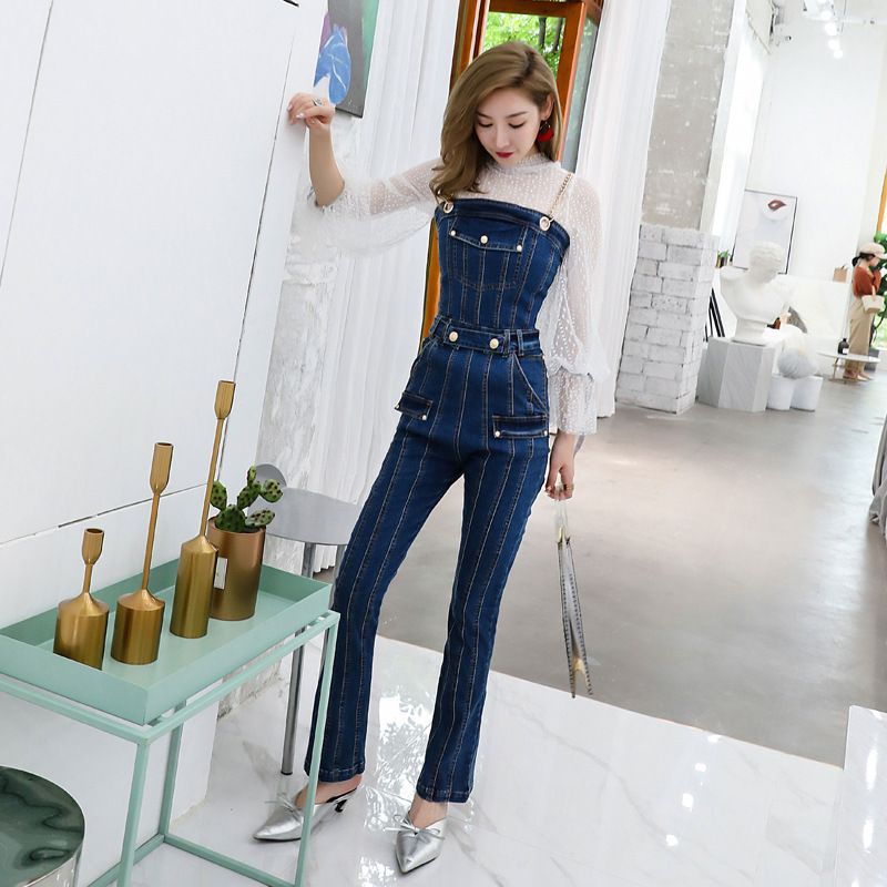 spaghetti strap denim jumpsuit