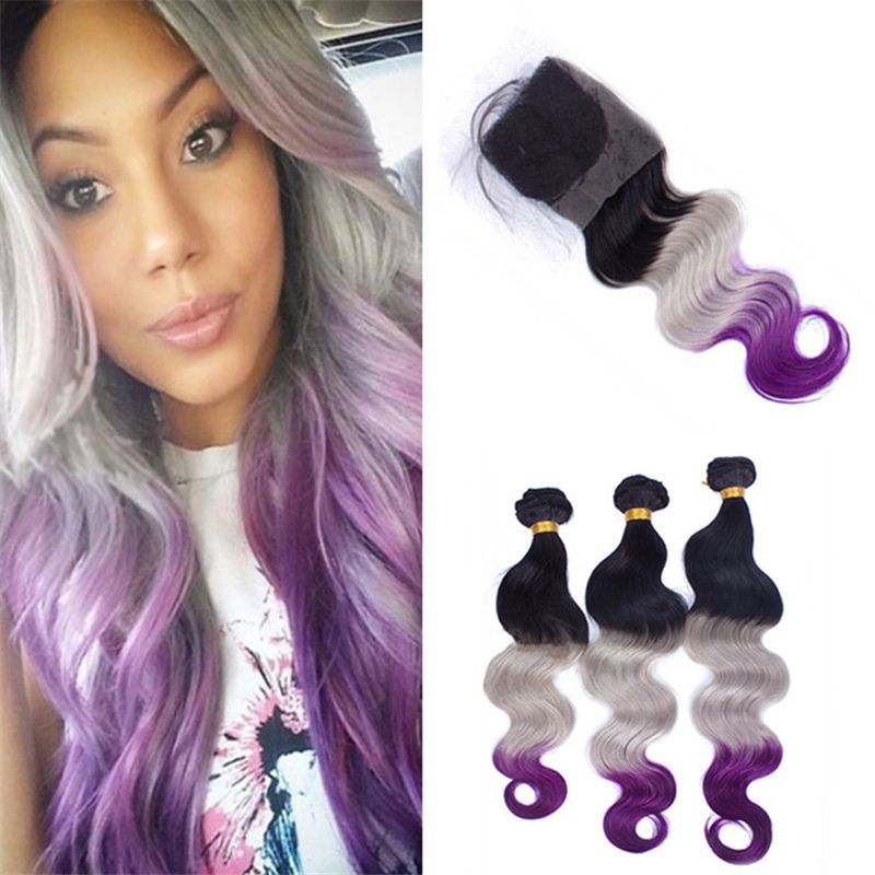 Grosshandel 8a Ombre Grau Lila Haarwebart 3 Bundel Mit Verschluss 3 Ton 1b Grau Violett Ombre Korperwelle Haareinschlagfaden Mit Spitzenverschluss