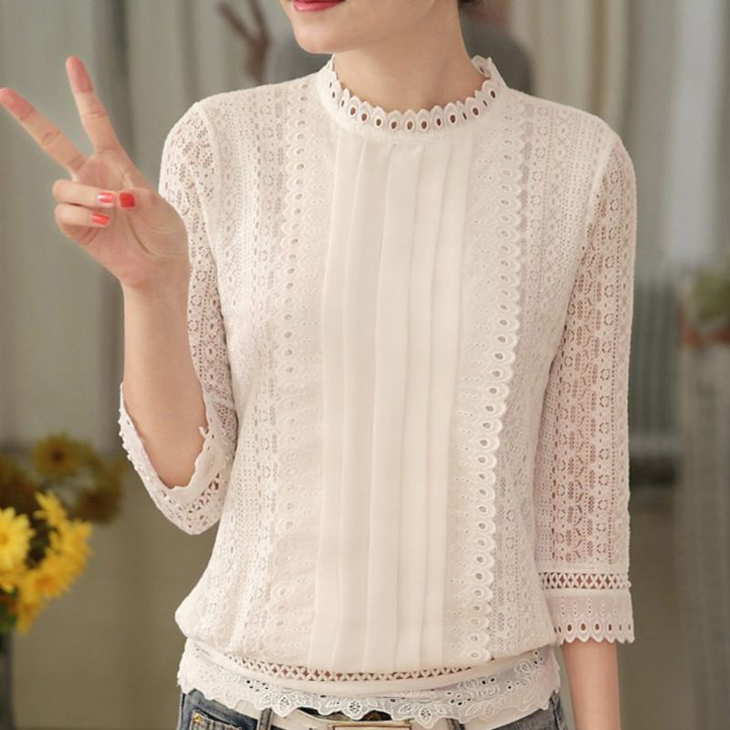 verdrietig Mark drijvend Dames Herfst Casual Wit Kant Blouse 2016 Mode Sexy 3/4 Mouw Stand Kraag  Crochet Tops