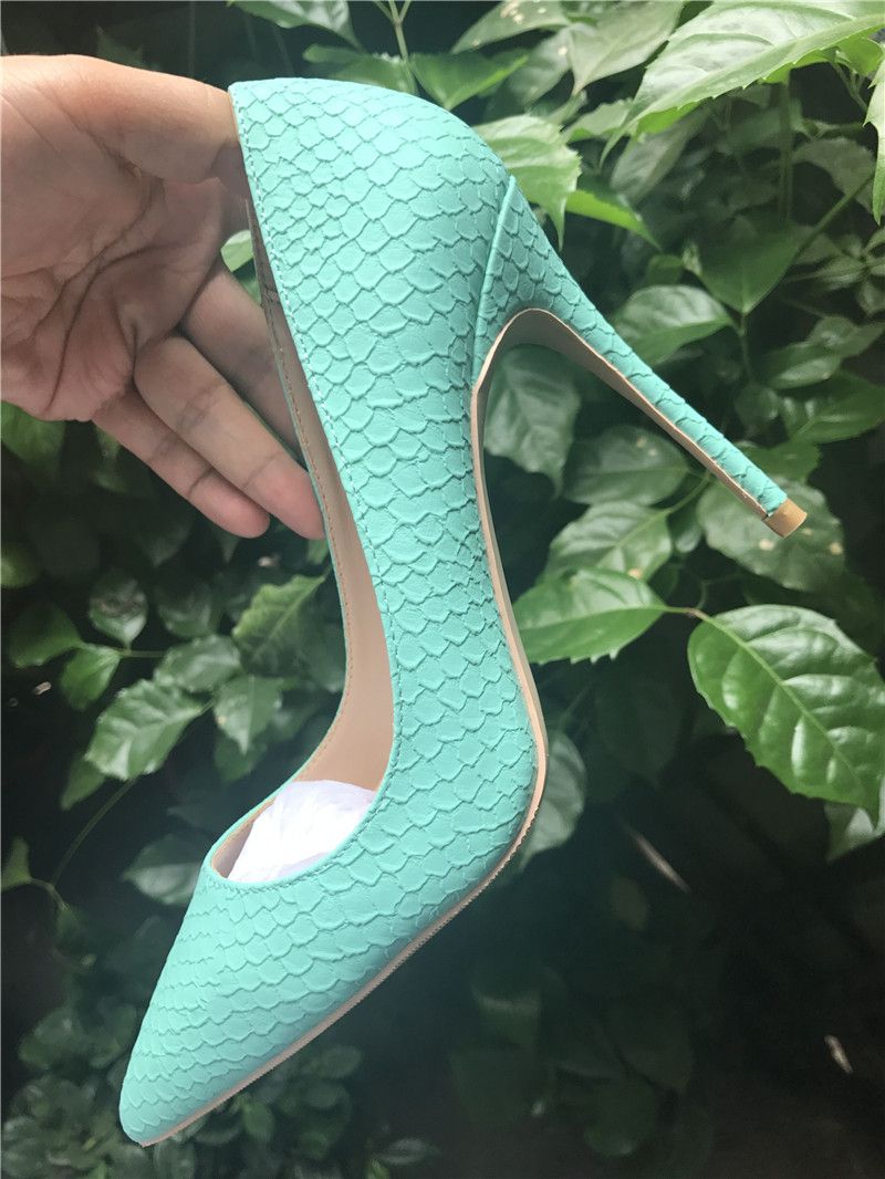 Fashion Women Pumps Mint Green Snake Printed Point Toe High Heels 