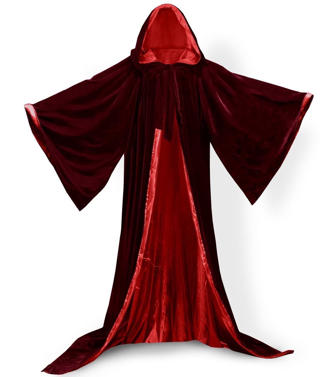 New Stock Black Velvet Robe Hooded Cloak Red Wizard Cloak Wicca LARP Gothic 