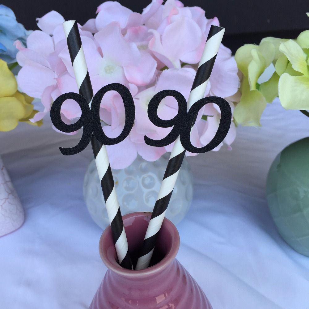 Happy 90th Birthday Party Decoration Paper Straws 25 Ct Black